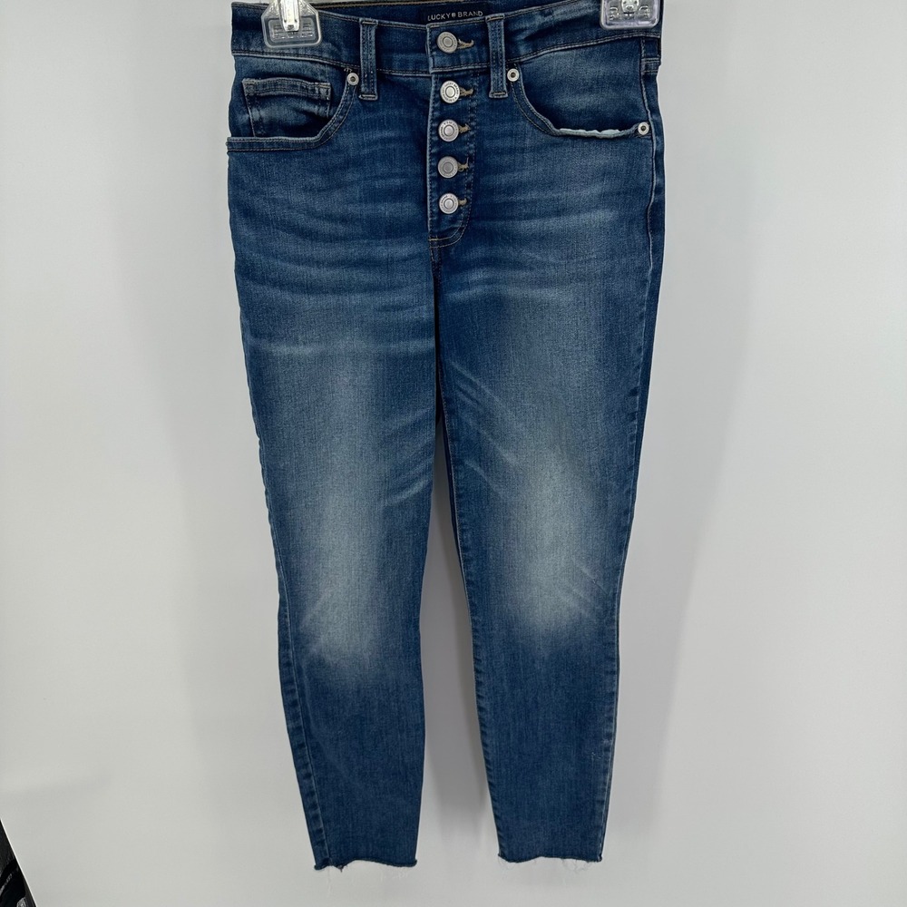 Lucky Brand High Rise Ankle Skinny Jeans Button Fly Medium Wash‎ Sz 2 26 Raw Hem